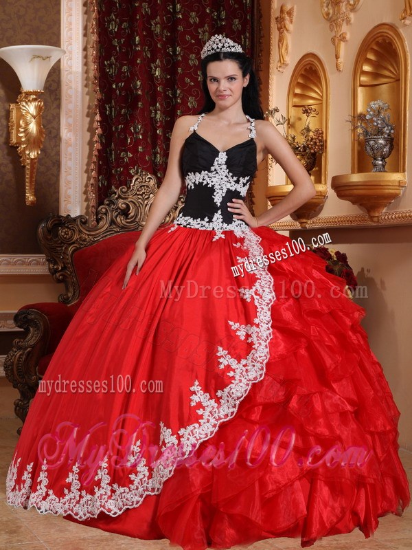 Red and Black Halter Top Organza Ruffled Quinces Dresses with Appliques