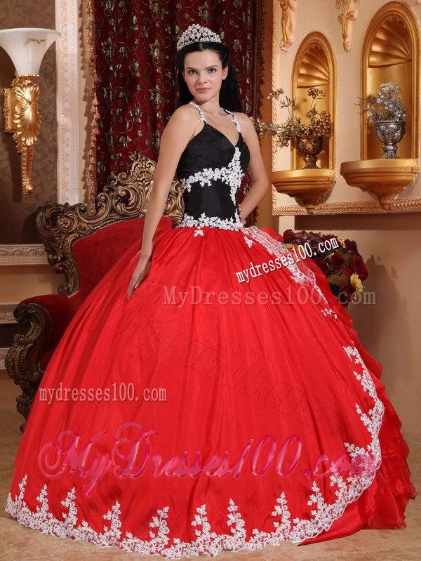Red and Black Halter Top Organza Ruffled Quinces Dresses with Appliques