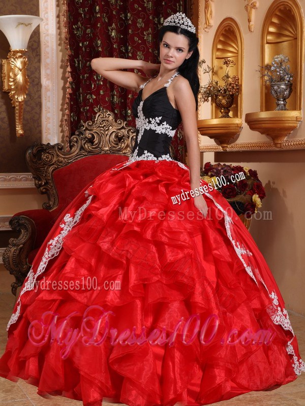 Red and Black Halter Top Organza Ruffled Quinces Dresses with Appliques