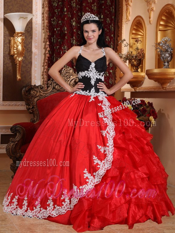 Red and Black Halter Top Organza Ruffled Quinces Dresses with Appliques