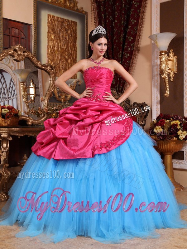 Blue Tulle Puffy Floor-length Quinceanera Dresses Decorated with Red Ruffles