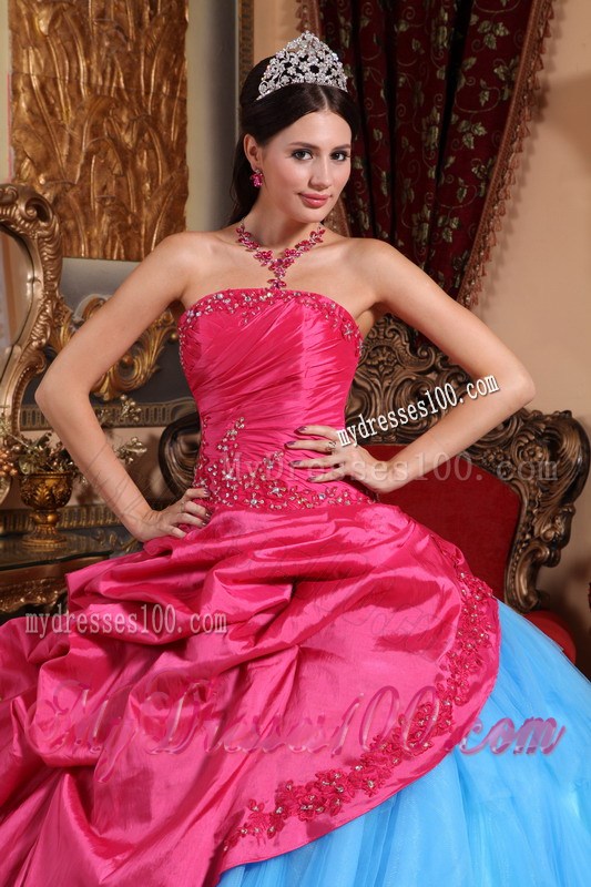 Blue Tulle Puffy Floor-length Quinceanera Dresses Decorated with Red Ruffles