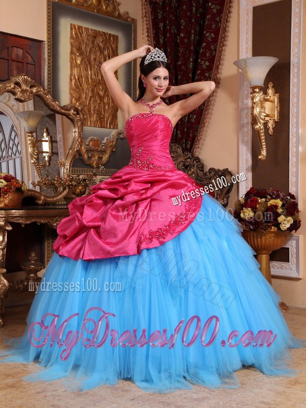 Blue Tulle Puffy Floor-length Quinceanera Dresses Decorated with Red Ruffles