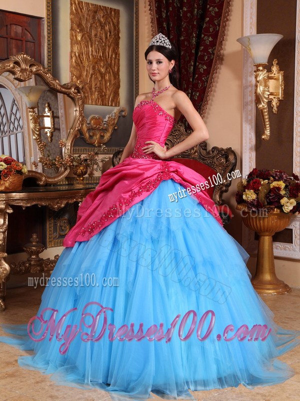 Blue Tulle Puffy Floor-length Quinceanera Dresses Decorated with Red Ruffles