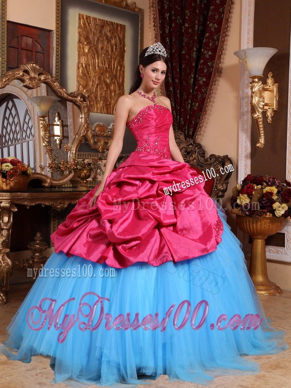 Blue Tulle Puffy Floor-length Quinceanera Dresses Decorated with Red Ruffles