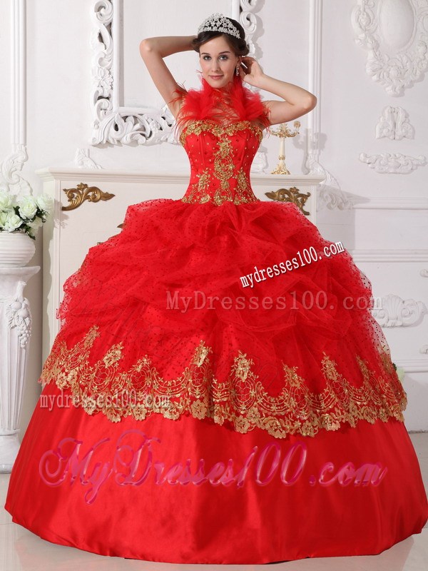 Red Halter Neckline Floor-length Quinceanera Dresses with Gold Lace Hem