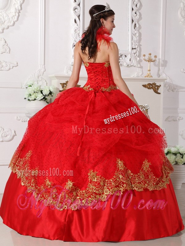 Red Halter Neckline Floor-length Quinceanera Dresses with Gold Lace Hem