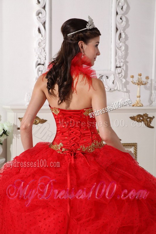 Red Halter Neckline Floor-length Quinceanera Dresses with Gold Lace Hem