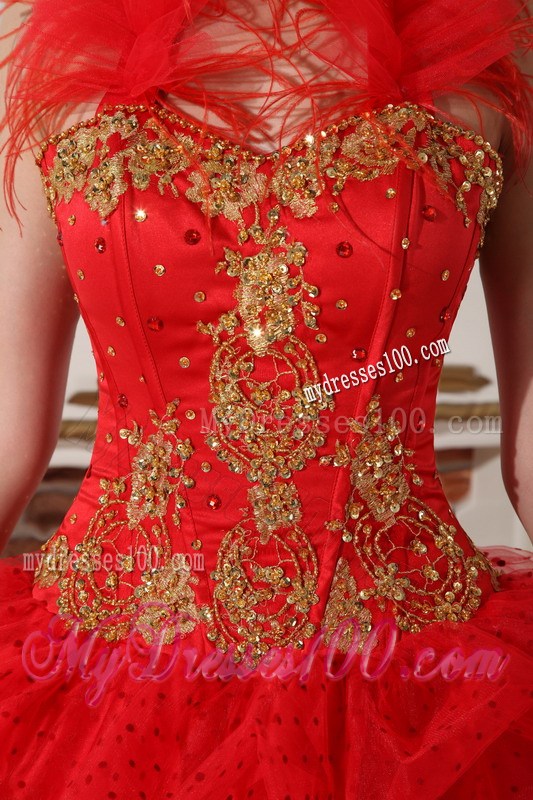 Red Halter Neckline Floor-length Quinceanera Dresses with Gold Lace Hem