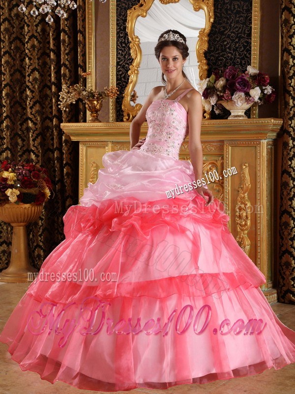 Pink and Watermelon Red One Shoulder Quinceanera Dresses with Appliques
