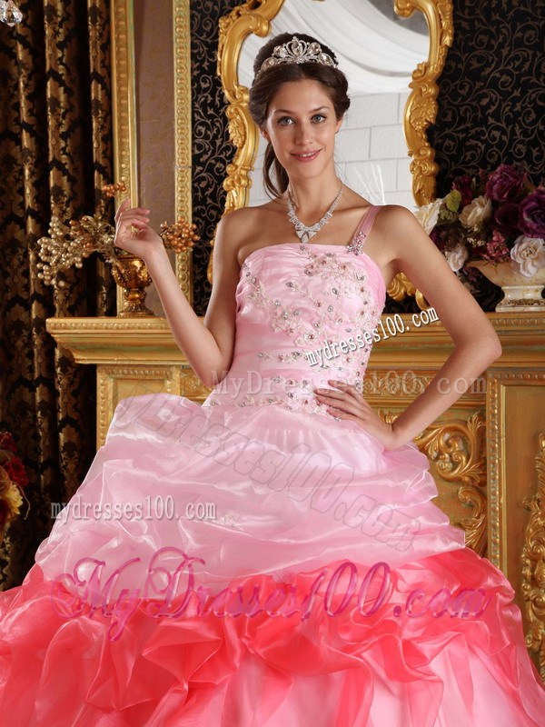 Pink and Watermelon Red One Shoulder Quinceanera Dresses with Appliques