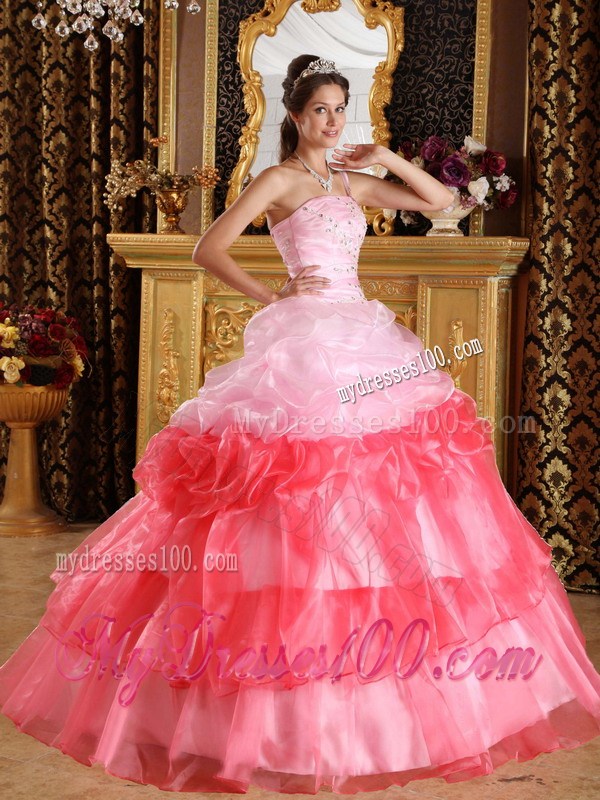 Pink and Watermelon Red One Shoulder Quinceanera Dresses with Appliques