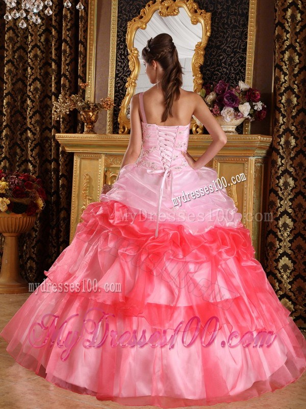 Pink and Watermelon Red One Shoulder Quinceanera Dresses with Appliques