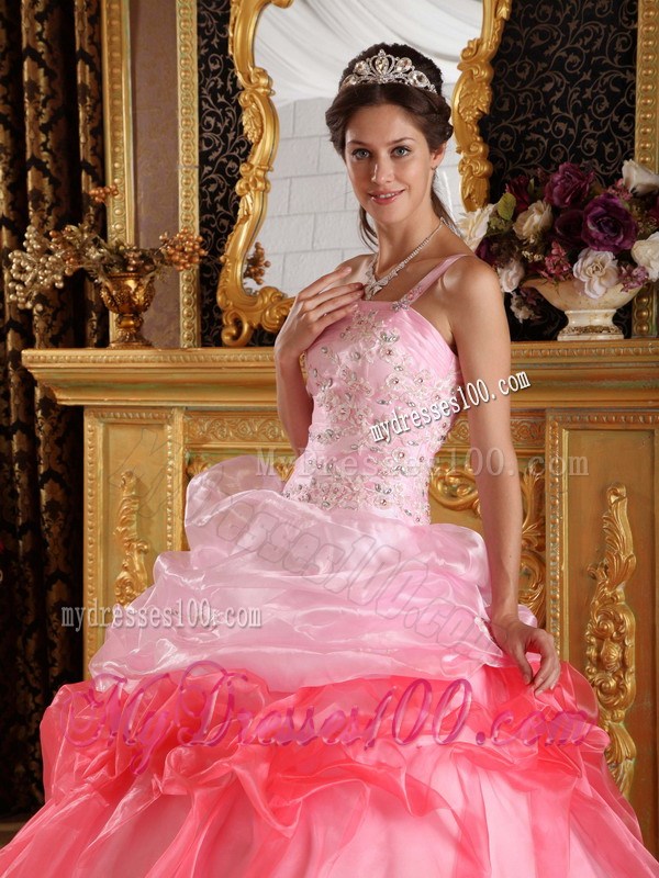 Pink and Watermelon Red One Shoulder Quinceanera Dresses with Appliques