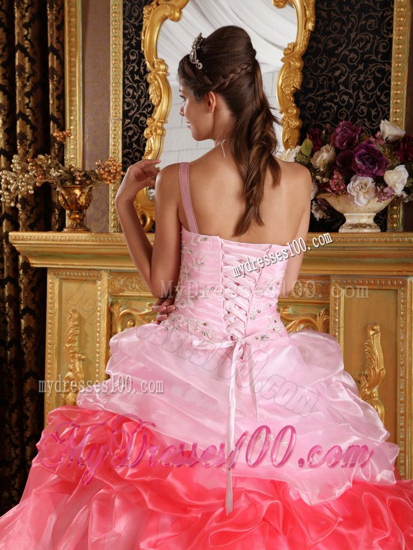 Pink and Watermelon Red One Shoulder Quinceanera Dresses with Appliques