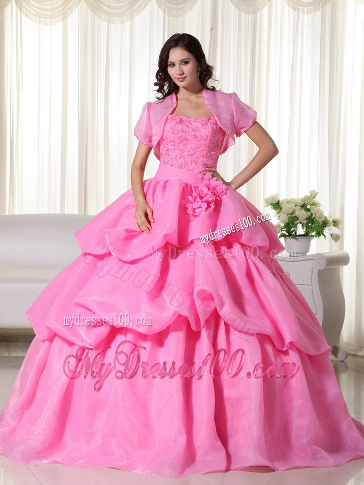 Rose Pink Flowery Quinceanera Dress with Jacket and Layered Pick-ups