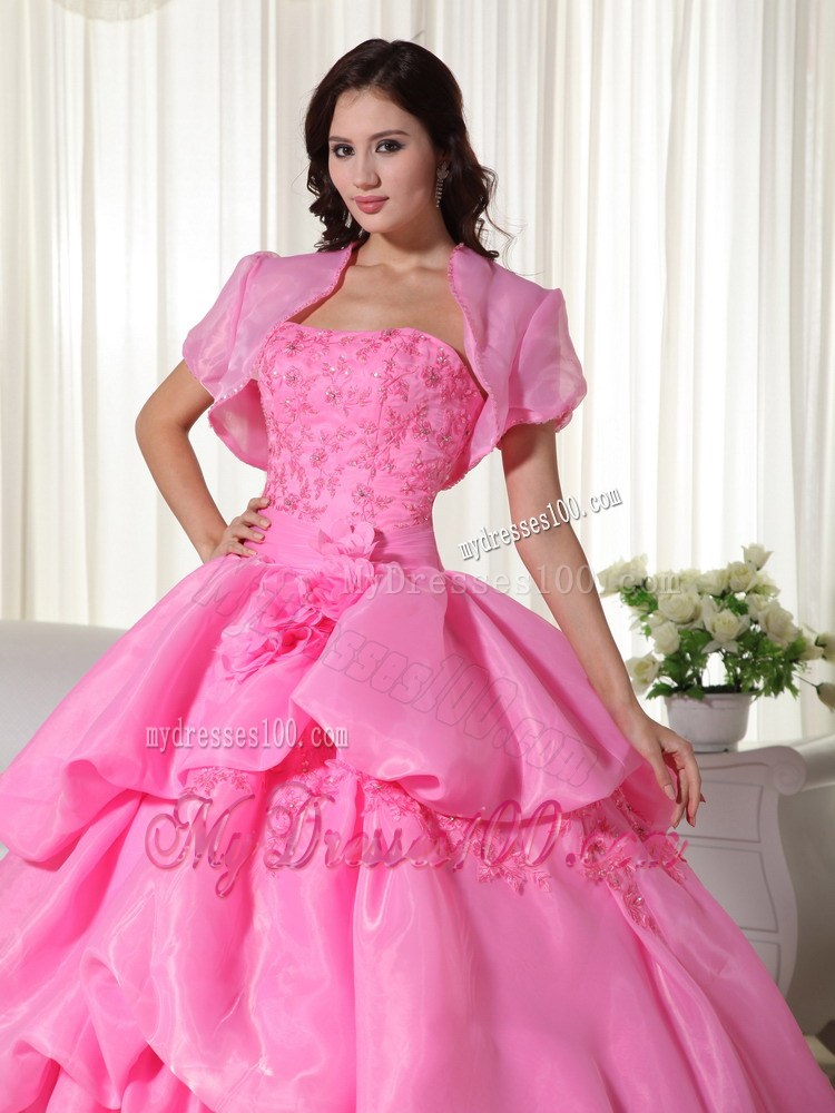 Rose Pink Flowery Quinceanera Dress with Jacket and Layered Pick-ups