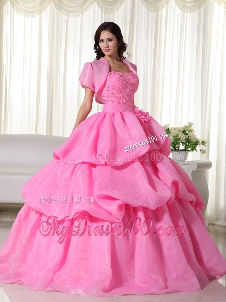 Rose Pink Flowery Quinceanera Dress with Jacket and Layered Pick-ups