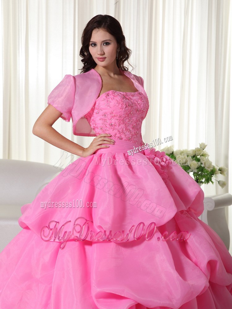 Rose Pink Flowery Quinceanera Dress with Jacket and Layered Pick-ups