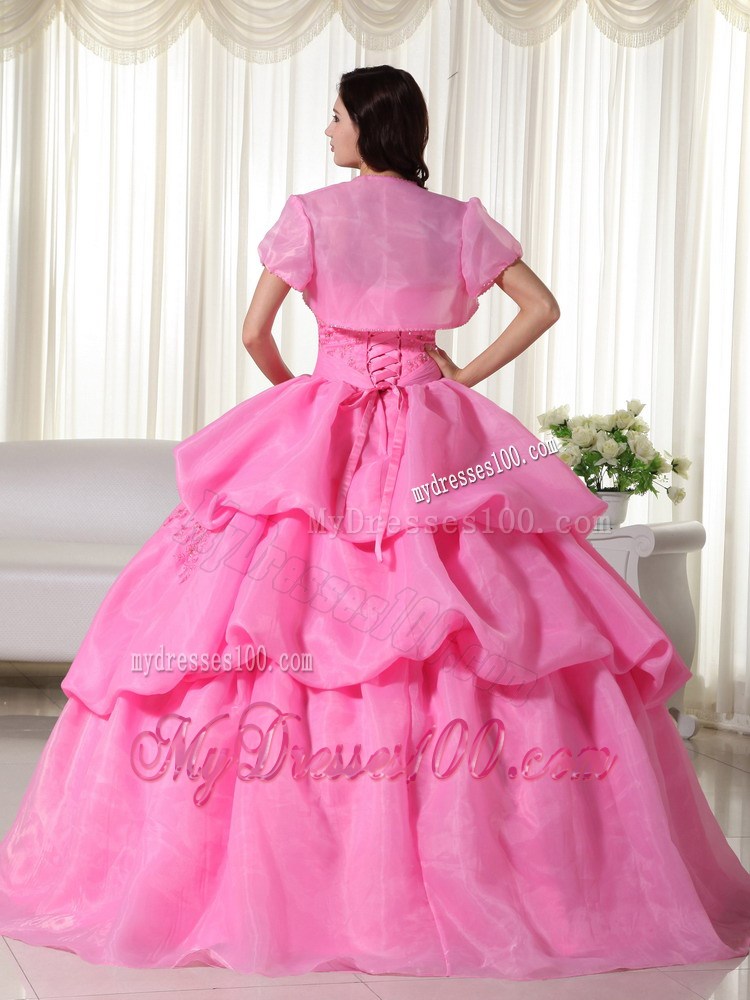 Rose Pink Flowery Quinceanera Dress with Jacket and Layered Pick-ups