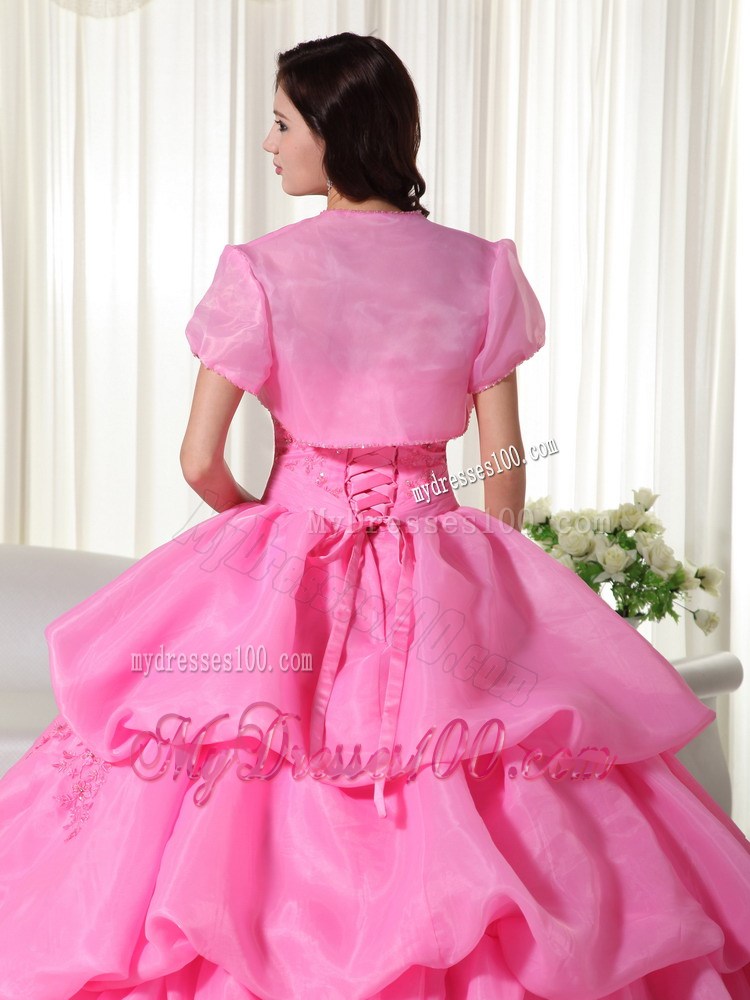 Rose Pink Flowery Quinceanera Dress with Jacket and Layered Pick-ups