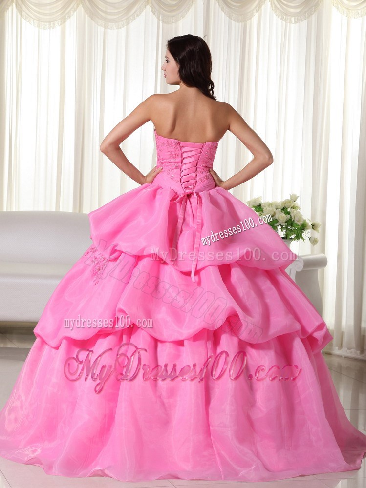 Rose Pink Flowery Quinceanera Dress with Jacket and Layered Pick-ups