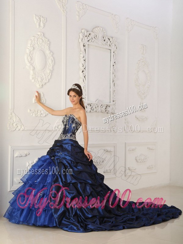 Royal Blue Chapel Train Quinceanera Party Dress with Ruffles and Pick-ups