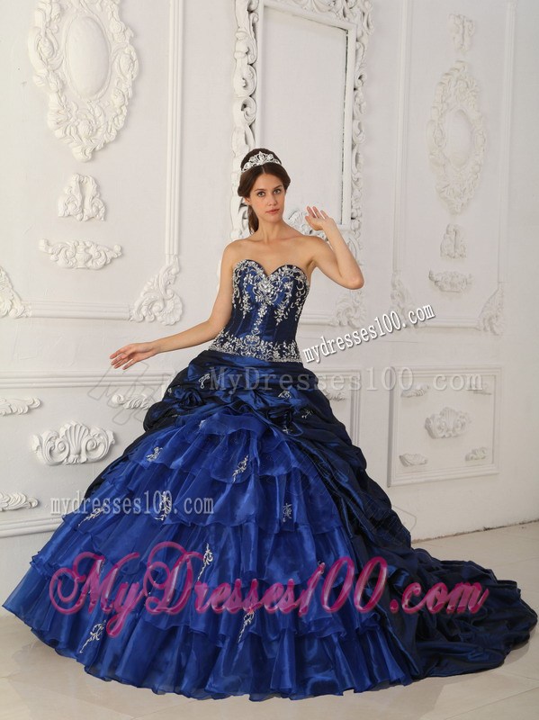 Royal Blue Chapel Train Quinceanera Party Dress with Ruffles and Pick-ups