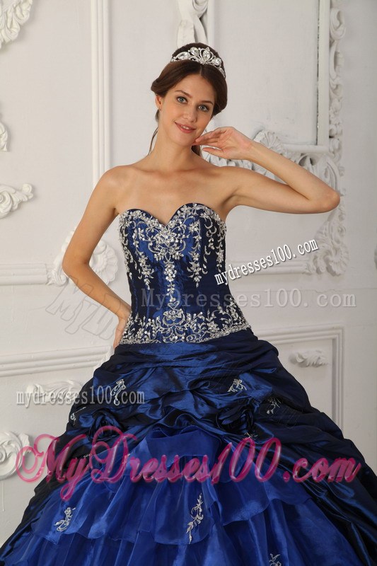 Royal Blue Chapel Train Quinceanera Party Dress with Ruffles and Pick-ups