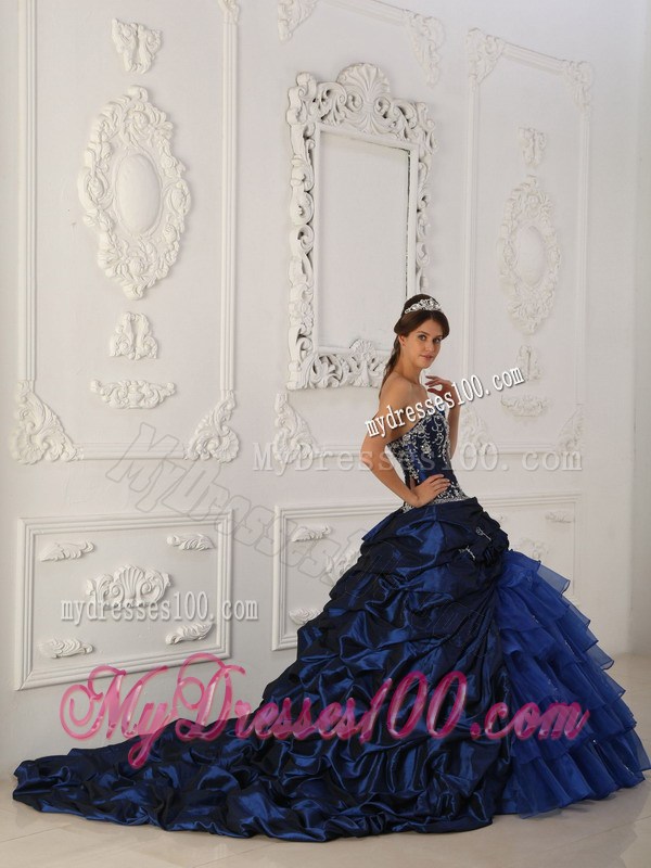 Royal Blue Chapel Train Quinceanera Party Dress with Ruffles and Pick-ups