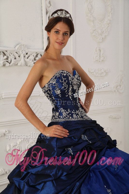 Royal Blue Chapel Train Quinceanera Party Dress with Ruffles and Pick-ups