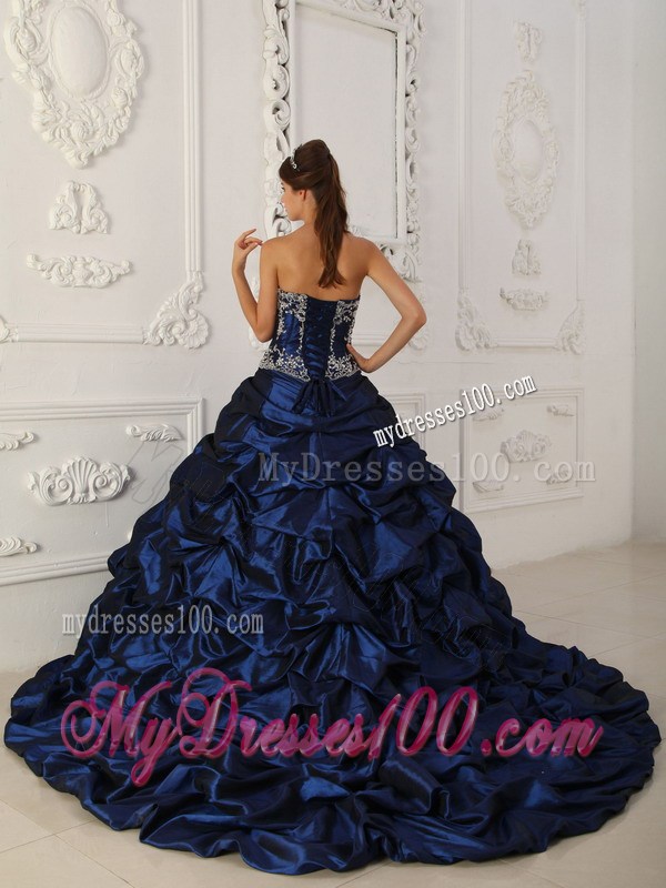 Royal Blue Chapel Train Quinceanera Party Dress with Ruffles and Pick-ups