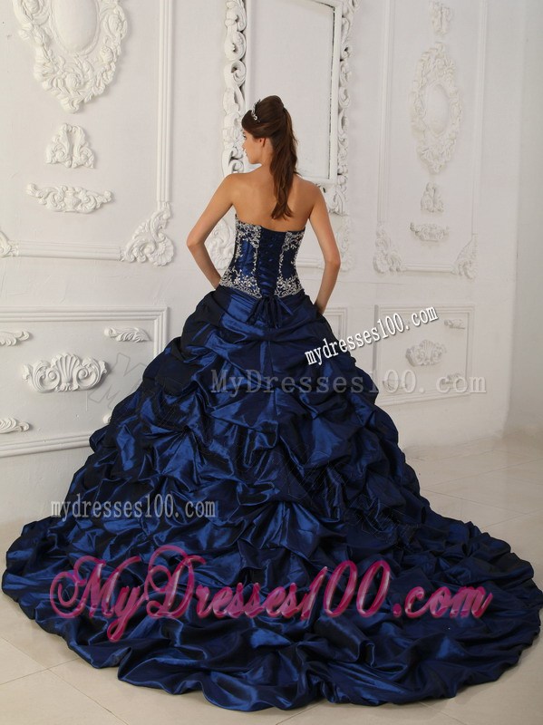 Royal Blue Chapel Train Quinceanera Party Dress with Ruffles and Pick-ups