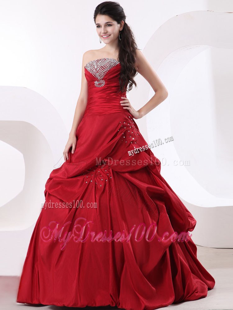 Strapless Wine Red A-line Quinceanera gown dresses with Pick-Ups and Beading