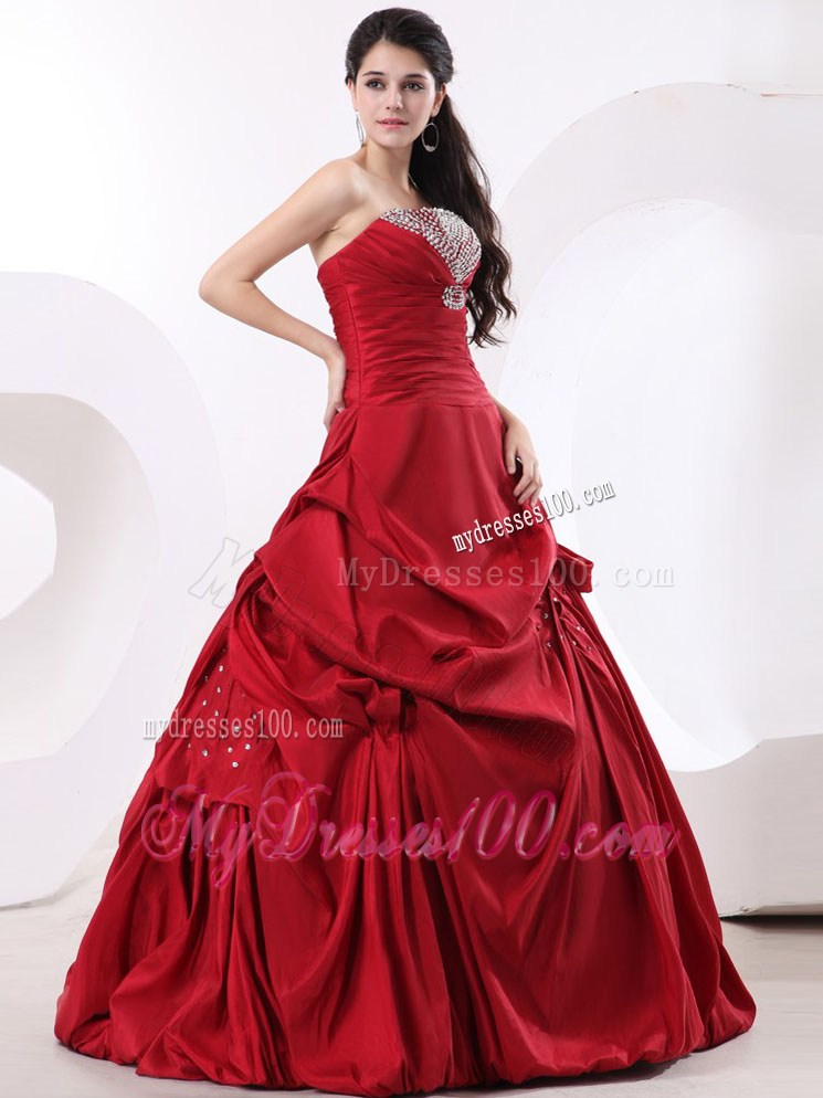 Strapless Wine Red A-line Quinceanera gown dresses with Pick-Ups and Beading
