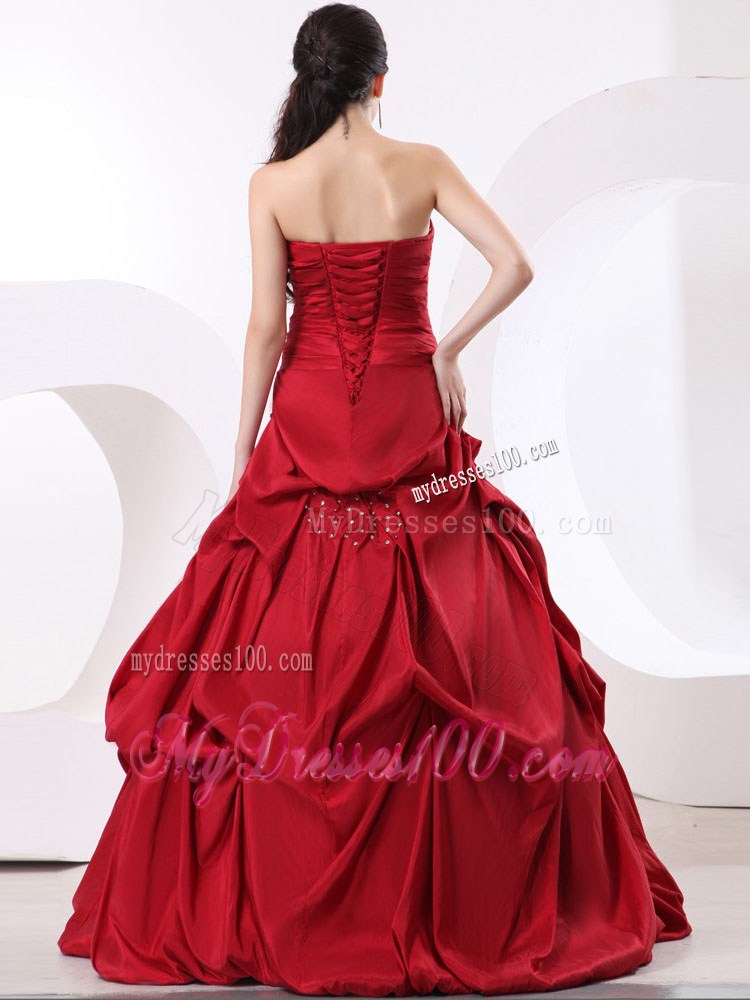 Strapless Wine Red A-line Quinceanera gown dresses with Pick-Ups and Beading