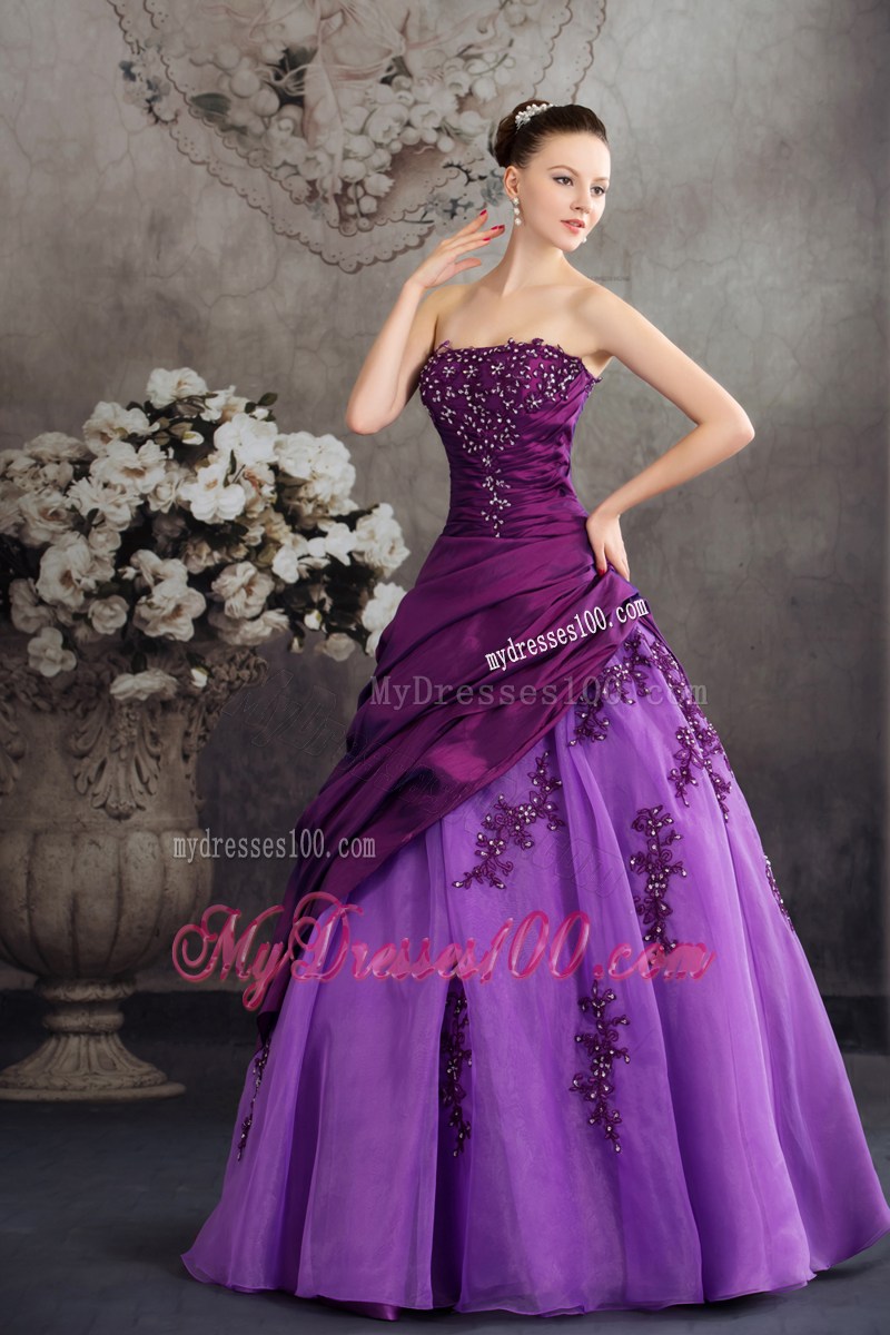 Two-toned Purple Strapless Sweet 15 Dresses with Appliques
