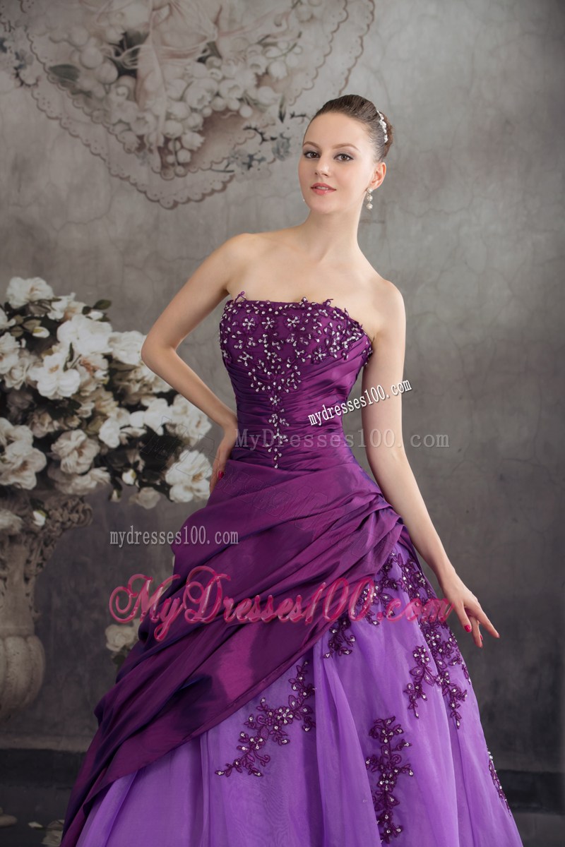 Two-toned Purple Strapless Sweet 15 Dresses with Appliques