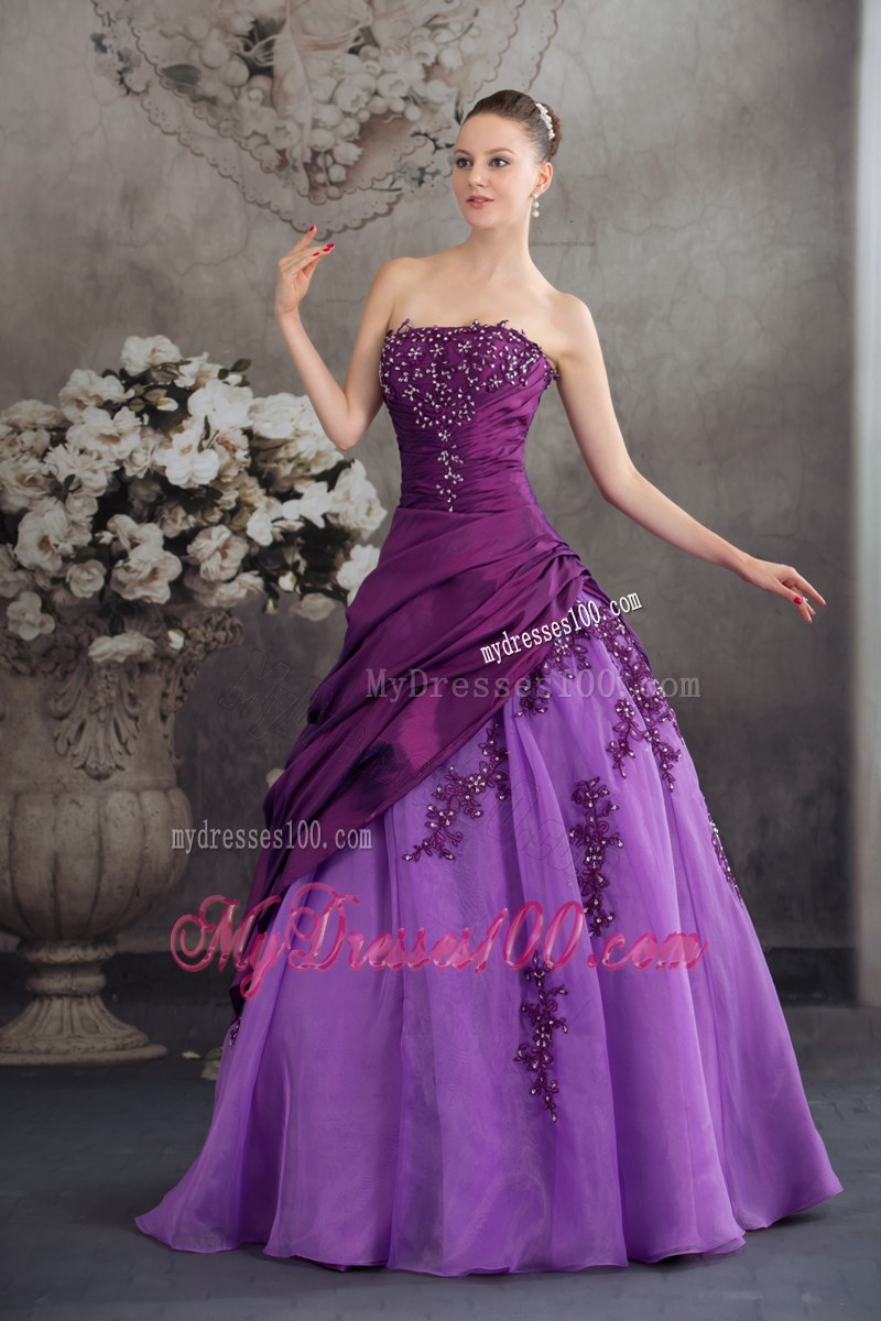 Two-toned Purple Strapless Sweet 15 Dresses with Appliques