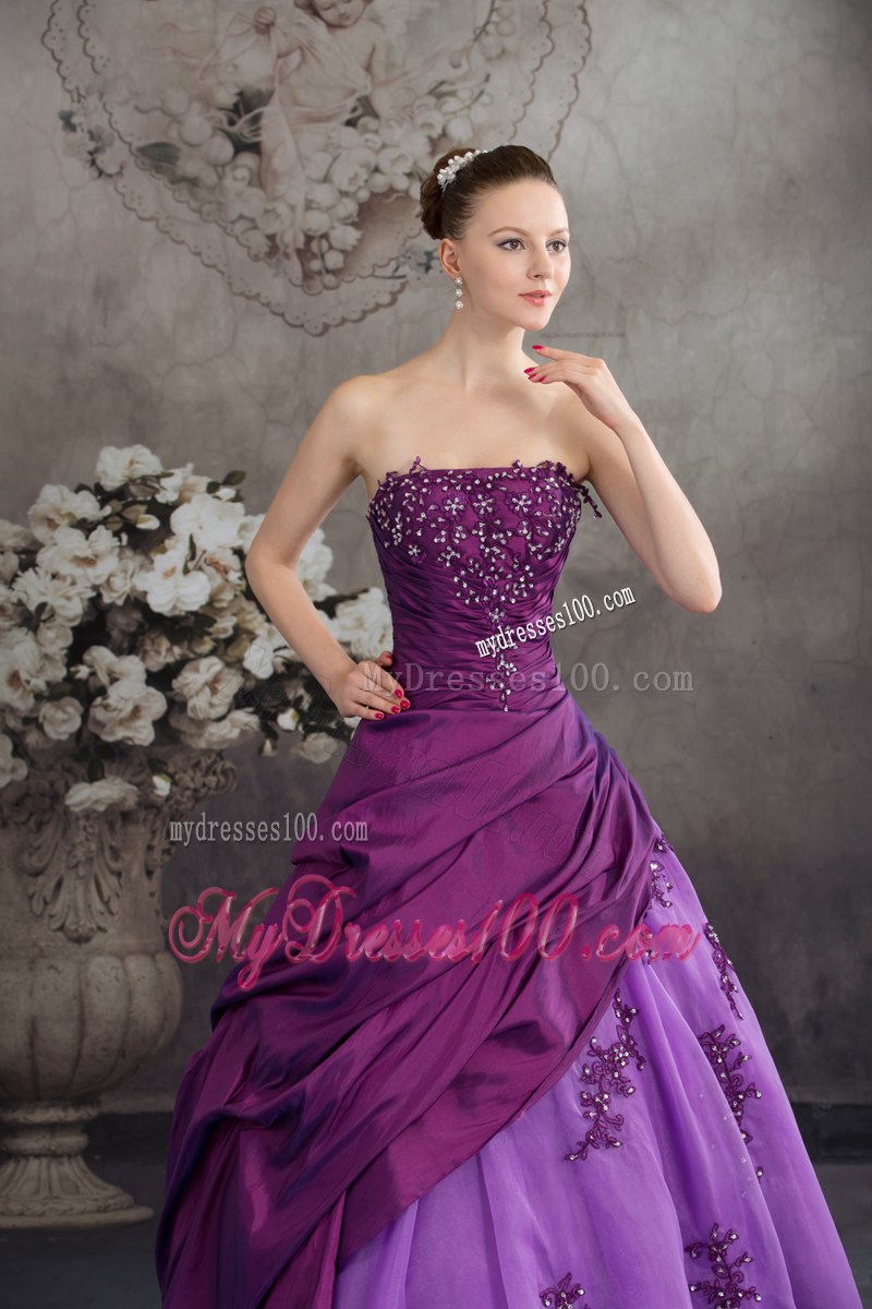 Two-toned Purple Strapless Sweet 15 Dresses with Appliques