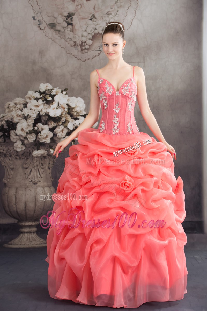 Beading and Flowers Decorate Quinceanera Gown of Spaghetti Straps