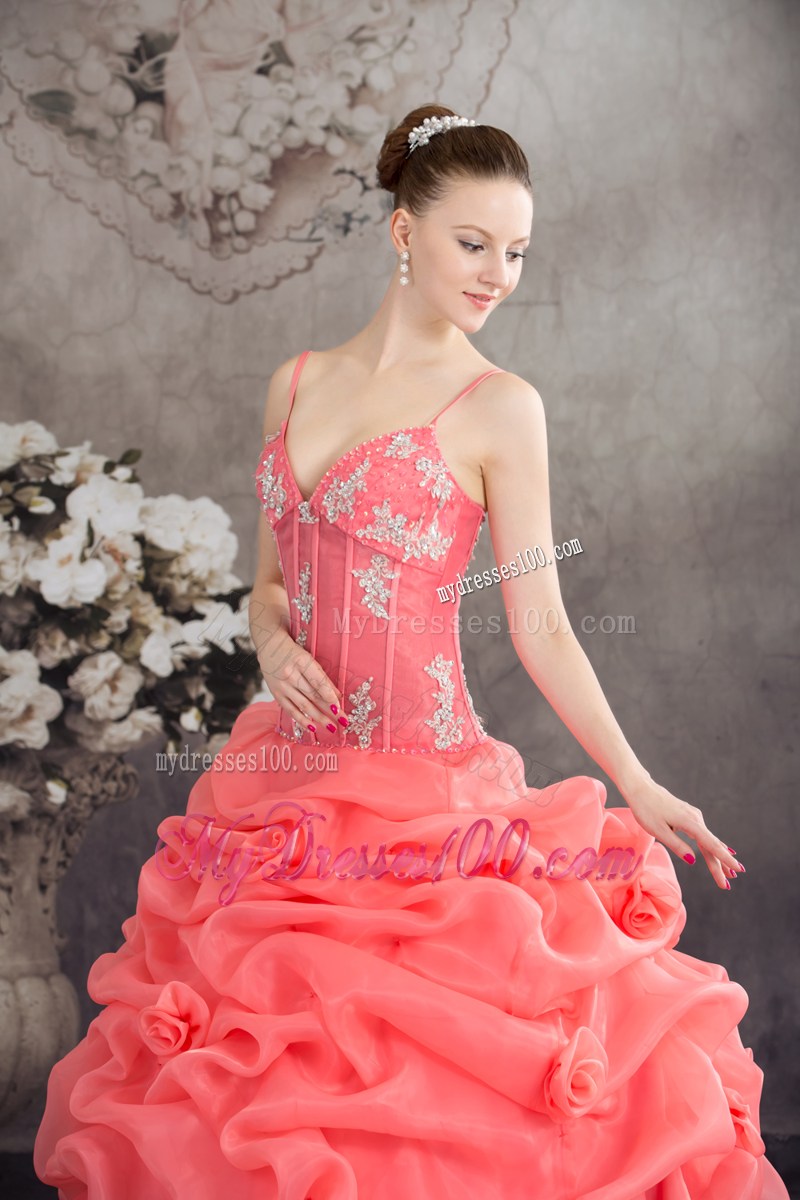 Beading and Flowers Decorate Quinceanera Gown of Spaghetti Straps