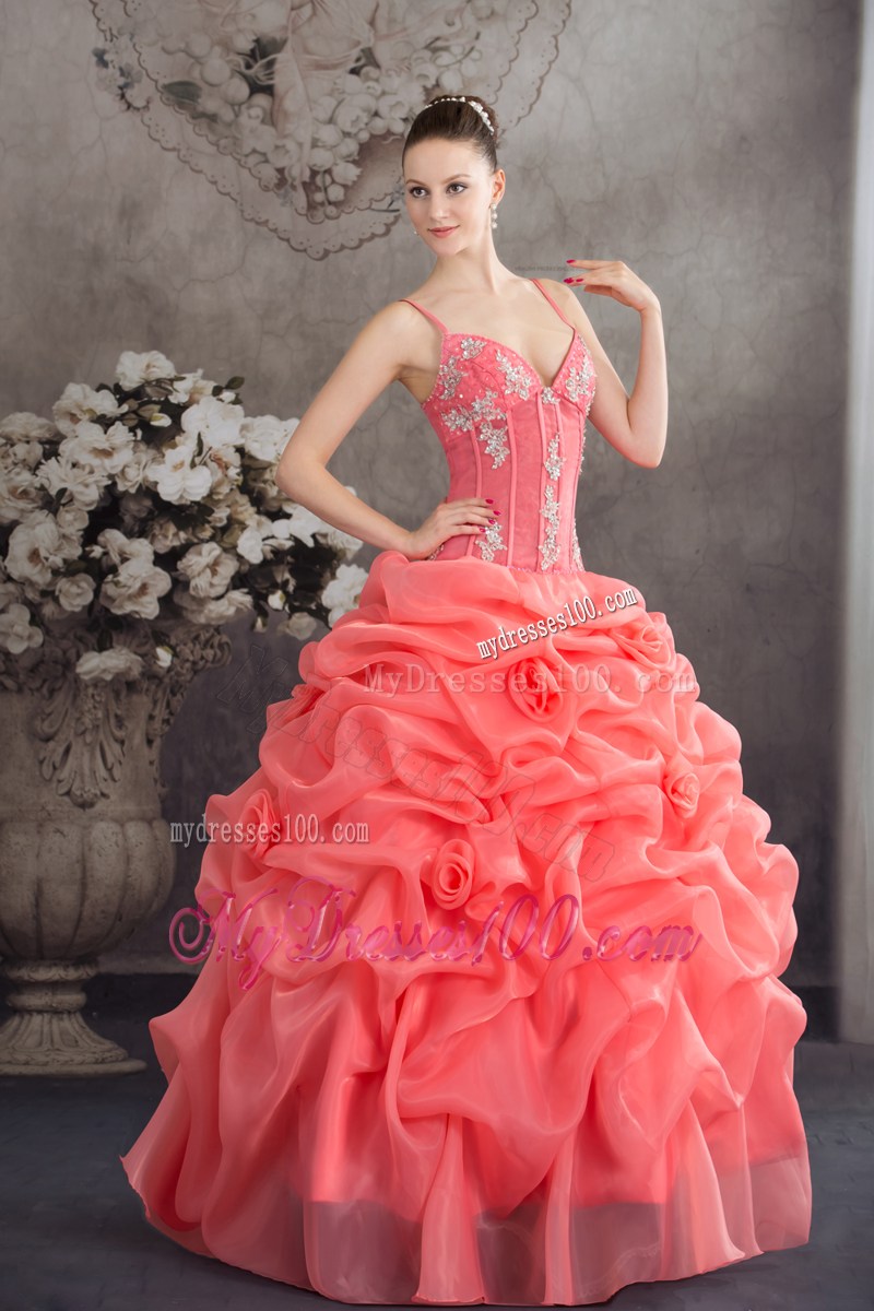 Beading and Flowers Decorate Quinceanera Gown of Spaghetti Straps
