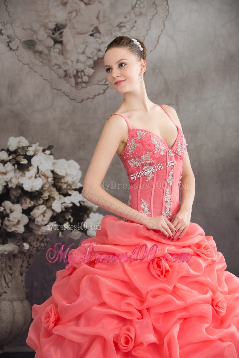 Beading and Flowers Decorate Quinceanera Gown of Spaghetti Straps