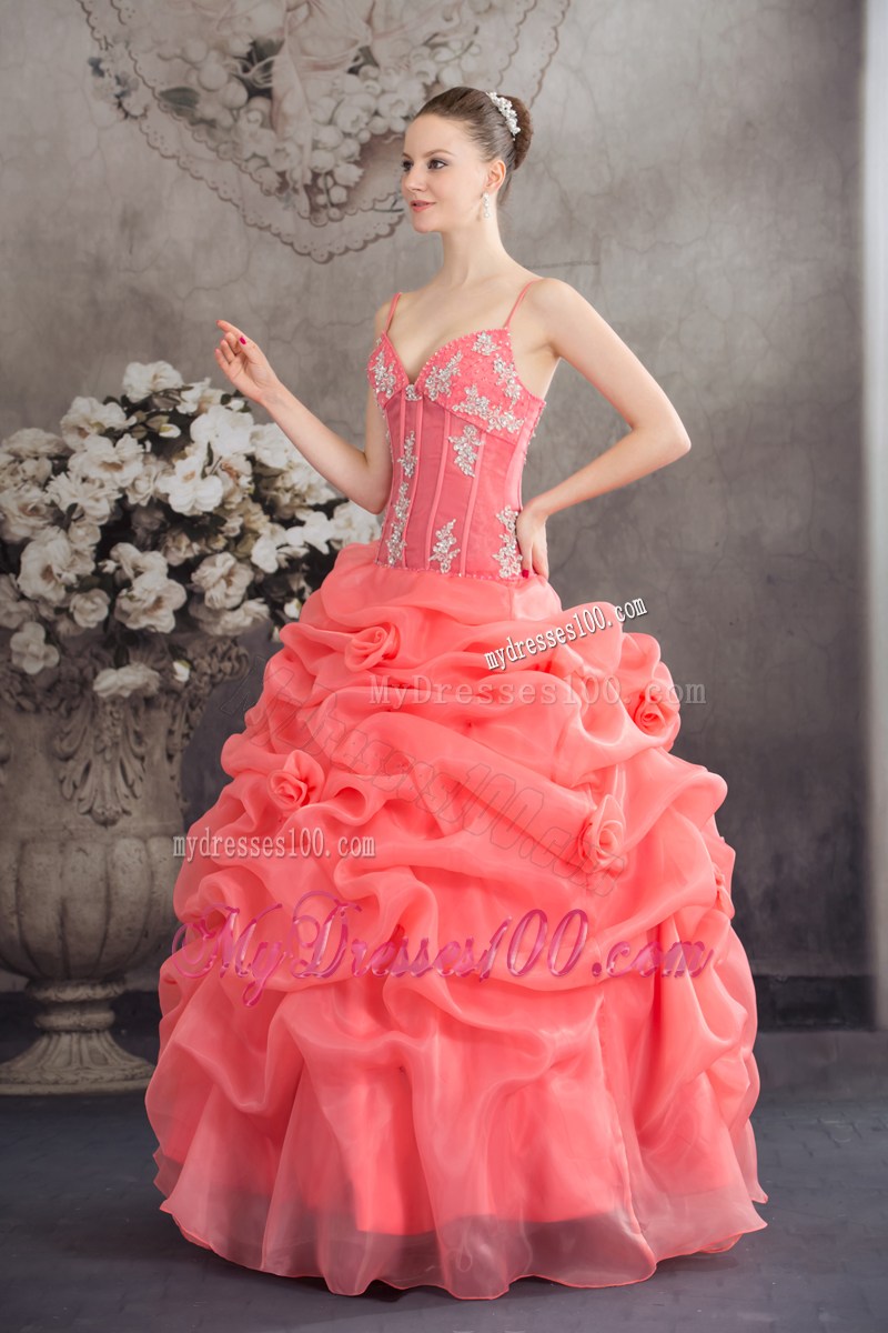 Beading and Flowers Decorate Quinceanera Gown of Spaghetti Straps