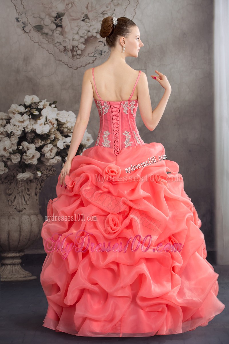 Beading and Flowers Decorate Quinceanera Gown of Spaghetti Straps