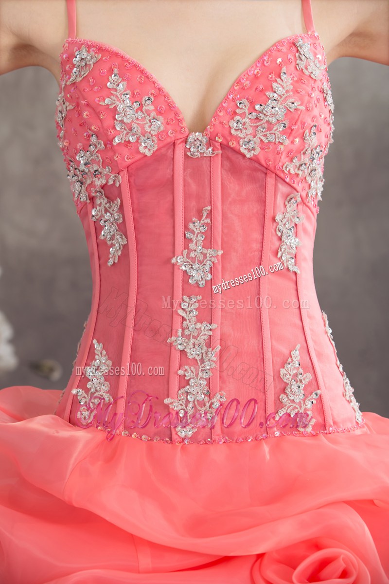Beading and Flowers Decorate Quinceanera Gown of Spaghetti Straps