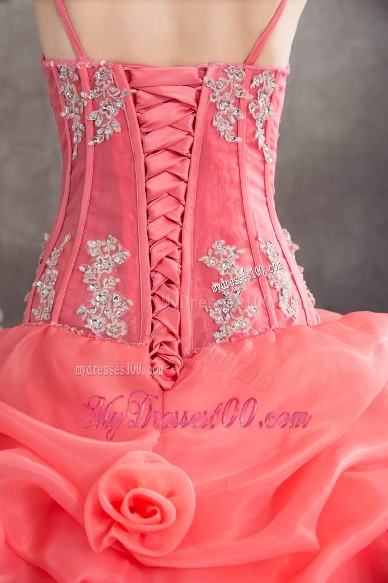 Beading and Flowers Decorate Quinceanera Gown of Spaghetti Straps