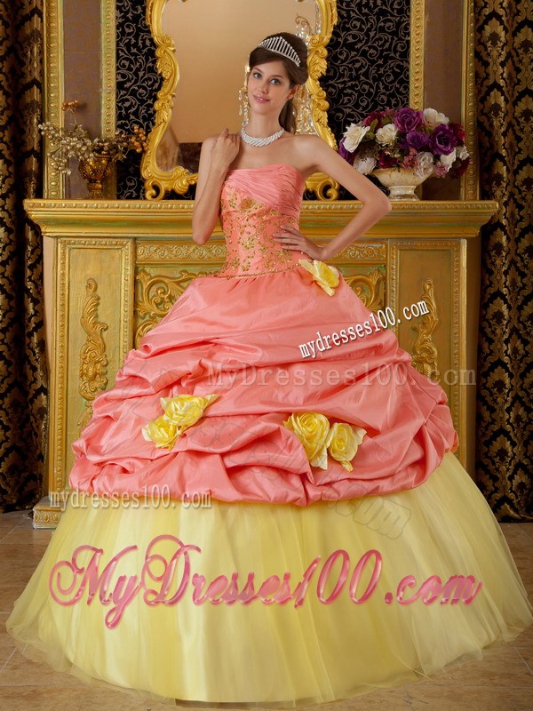 Watermelon and Yellow Pick-ups Dress 15 with Applique and Hand Made Flowers
