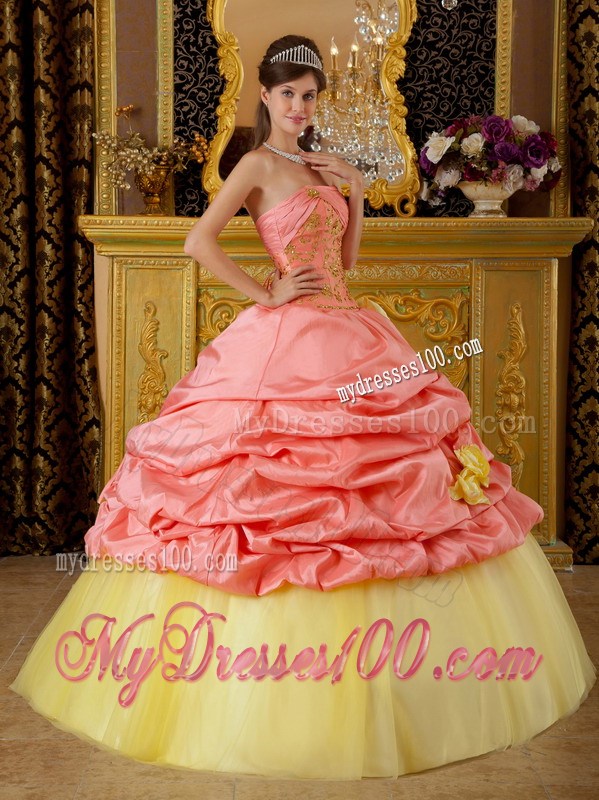Watermelon and Yellow Pick-ups Dress 15 with Applique and Hand Made Flowers